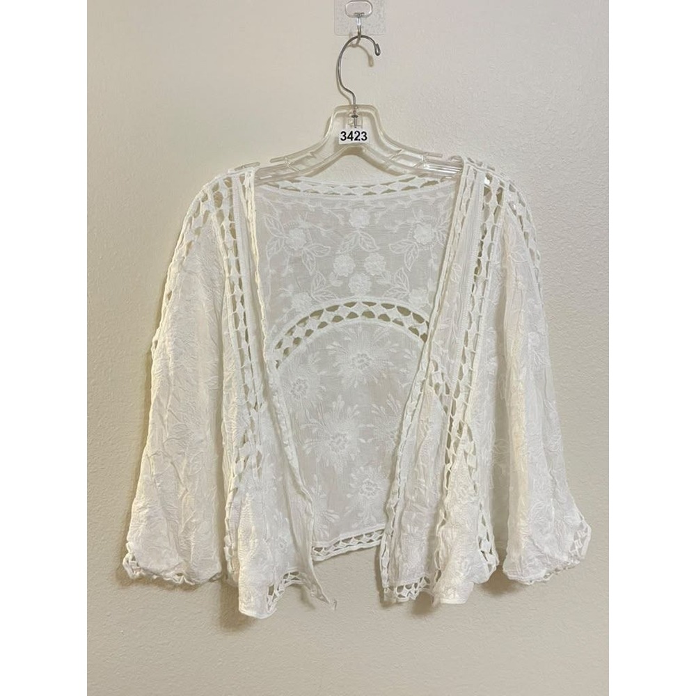 White Floral Embroidered Open Front Kimono Cardigan Bell Sleeve Boho
